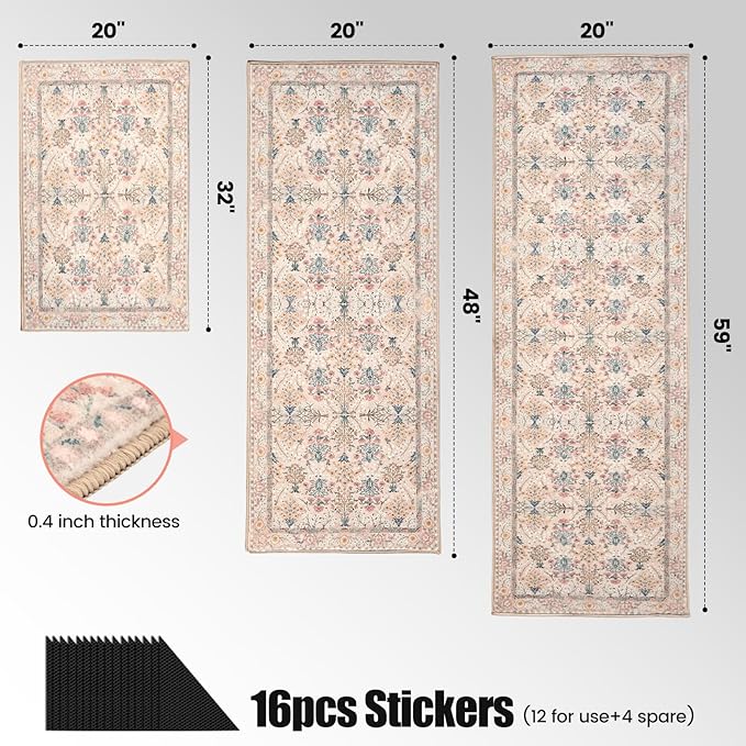 Kitchen Rug Set 3Pcs, Boho Rug Sets Non Slip Washable for Floor Thick Farmhouse Kitchen Decor Runner Rugs for Kitchen, Entryway，Laundry, Hallways 20''x32''+20''x48''+20''x59