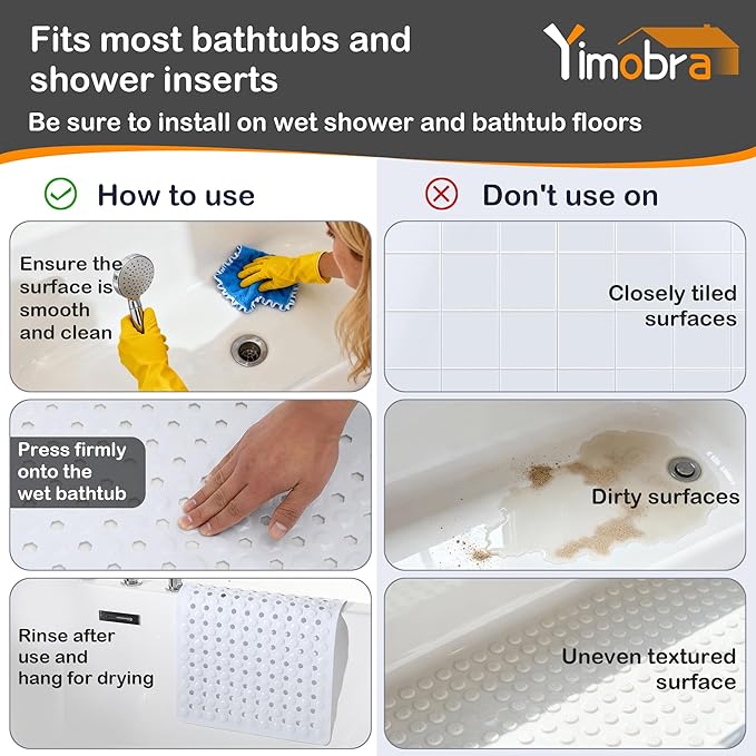 Yimobra Bathtub Mat Non Slip, 27.5"x15.5" Machine Washable Shower Floor Mat, Soft on Feet, Bathmat with Drain Holes and Suction Cups, Bathroom Essentials, White
