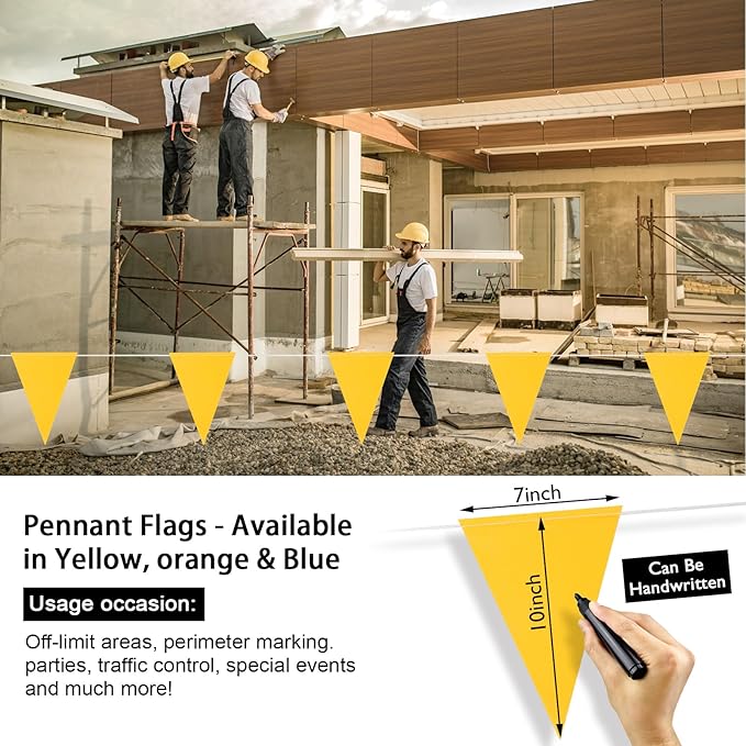 Pennant Banner Flag, Safety Marking Flags Warning Of Rooftop Survey Boundary Traffic Barrier & Construction Hazardous Areas, Yard Marker Flags For Flagging Property Line Party Events 100ft 7x10inch