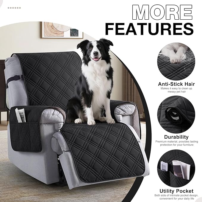 TAOCOCO 100% Waterproof Recliner Chair Covers, Non Slip Recliner Covers for Recliner Chair with Pocket, Washable Reclining Chair Cover Furniture Protector for Kids,Dogs(25'', Black)