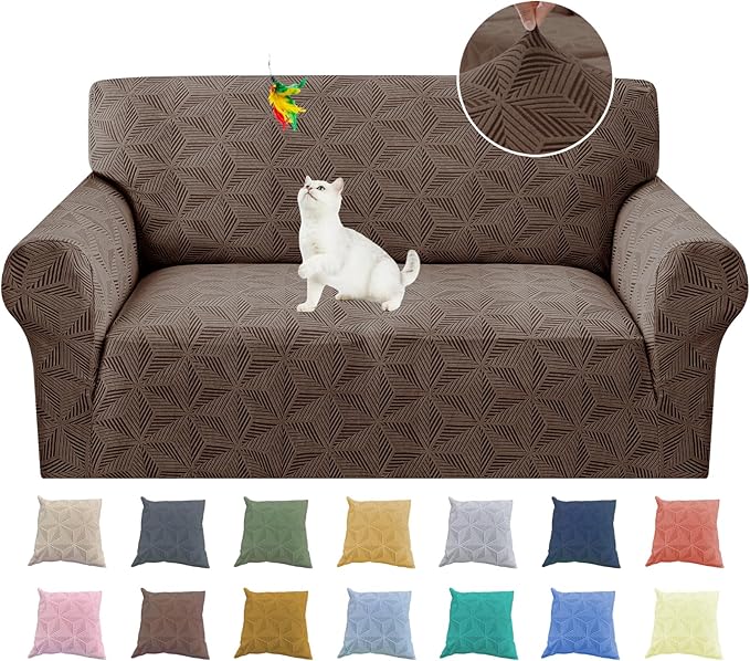YEMYHOM 1 Piece Stretch Couch Covers for 2 Cushion Couch, Jacquard Loveseat Cover with Non-Slip Elastic Bottom, Thickened Slipcover Furniture Protector for Dogs Pets (Medium, Brown）