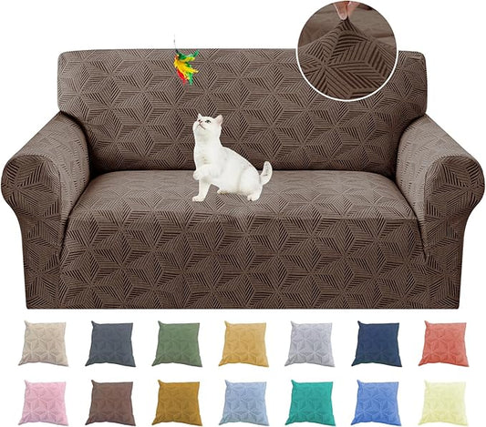 YEMYHOM 1 Piece Stretch Couch Covers for 2 Cushion Couch, Jacquard Loveseat Cover with Non-Slip Elastic Bottom, Thickened Slipcover Furniture Protector for Dogs Pets (Medium, Brown）