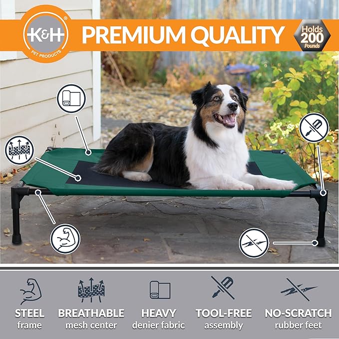 K&H Pet Products Outdoor Elevated Dog Cot, Breathable Cooling Elevated Cot Hammock Pet Bed for Large Dogs, Washable Mesh Cover, Raised Metal Frame, Collapsible, Portable - Large 42 X 30in Green