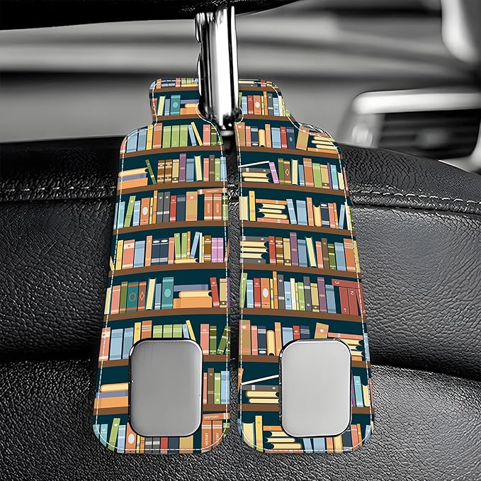 AEWNUNK Purse Hook for Car Vintage Bookshelve Library Bookcase 1 Pack Headrest Back Seat Hook Premium Leather Double Metal Hanger Storage Pack Bag Purse Holder Car Accessories