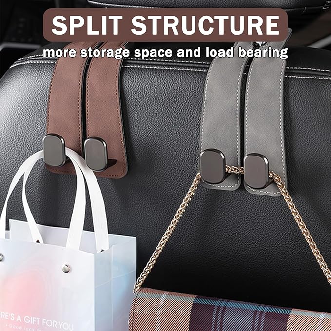 2 Pack Car Seat Back Storage Hook, Headrest Hooks for Car with Metal Hooks, Premium Suede Leather Car Headrest Hooks Universal Car Seat Hooks for Purses, Bags & Groceries(Brown)