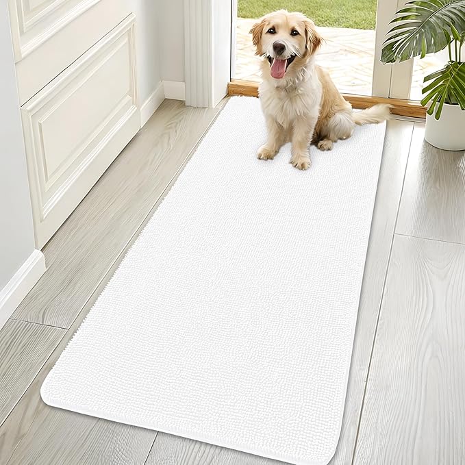 OLANLY Dog Door Mat for Muddy Paws 70x35, Absorbs Moisture and Dirt, Absorbent Non-Slip Washable Doormat, Quick Dry Chenille Mud Mat for Dogs, Entry Indoor Entryway Carpet for Inside Floor, White