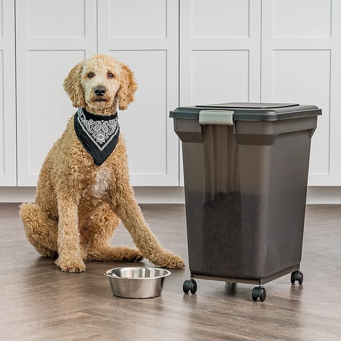 IRIS USA 58 Lbs / 67 Qt WeatherPro Airtight Pet Food Storage Container with Attachable Casters, For Dog Cat Bird and Other Pet Food Storage Bin, Keep Fresh, Easy Mobility, BPA Free, Smoke