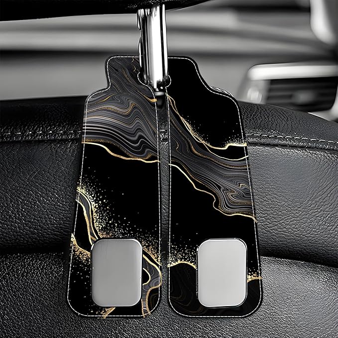 AEWNUNK 1 Pack Car Seat Headrest Hooks for Purses Abstract Black Golden Marble Bag Purse Holder for Car with Double Metal Hooks Car Purse Hanger Hanging Accessories
