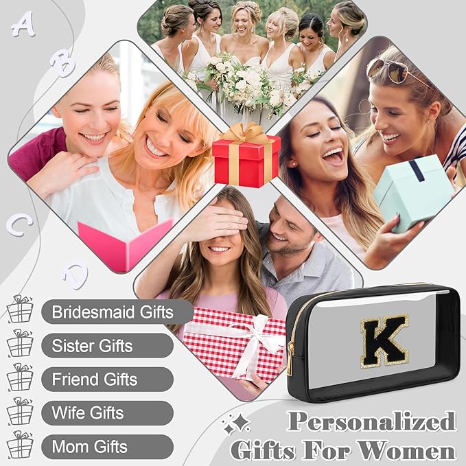 Personalized Initial Letter Clear Makeup Bag,Preppy Small Nylon&PVC Cosmetic Zipper Bag with Chenille Letter,Travel Skincare Toiletry Bag,Monogram Christmas Gift for Teen Girls Women,K
