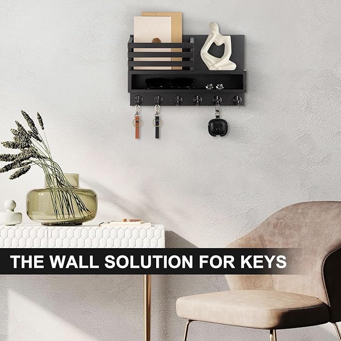 Lucundm Key and Mail Holder Wall Mount, Key Hanger with Long Storage Box and Key Hooks for Coat, Dog Leash, Home Decor Rack, House Accessories, Entry Way Organizer