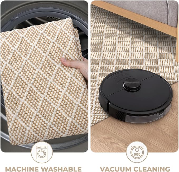 KOZYFLY Small Area Rug 2x3 Ft Washable Entryway Rug Non Slip Rubber Backed Throw Rugs Indoor Door Mat, Braided Cotton Floor Carpet for Front Entrance Front Door Sink Foyer, Tan/Beige
