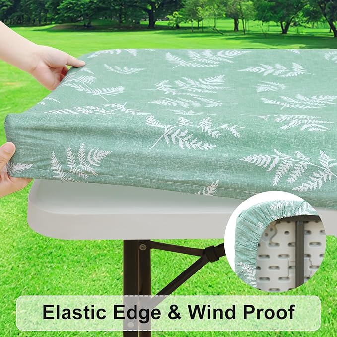 misaya Rectangle Vinyl Tablecloth, Fitted Table Cover, 100% Waterproof, Elastic Edge, Plastic Table Cloth Fit Folding Tables for Picnic, Camping, Outdoor (Light Green Leaves, 36x60 inch)