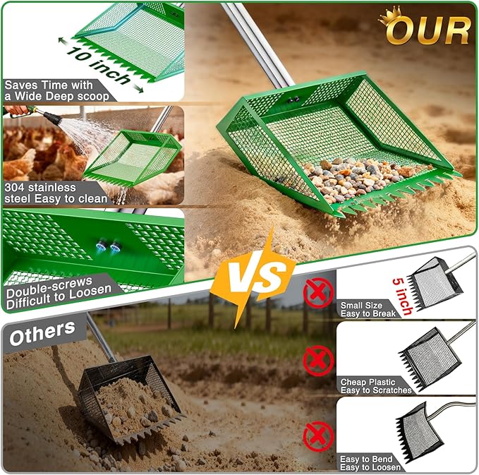TOOGE Large Chicken Poop Scooper: 2-in-1 Metal Pooper Scooper & Rake Adjustable 62" Long Handle Stainless Steel Sand Sifting Litter Shovel Chicken Coop Scoop Cleaning for Bedding Goats Farm Yard Black