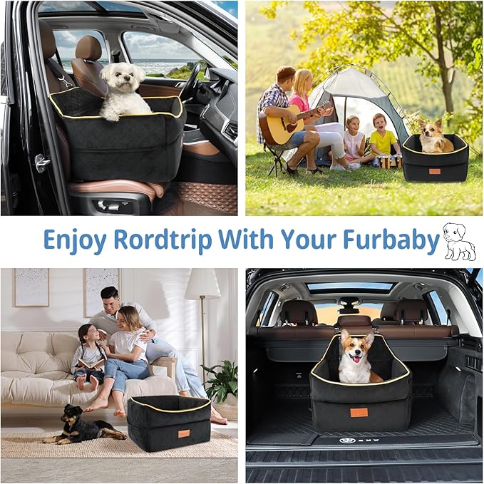 GL GLENSLAVE Dog Car Seat for Small Medium Dogs, Memory Foam Dog Booster Car Seat for Pets Under 35 lbs, Anti-Slip Pet Carseat with 2 Adjustable Leashes, Elevated Dog Travel Bed with Storage Pockets