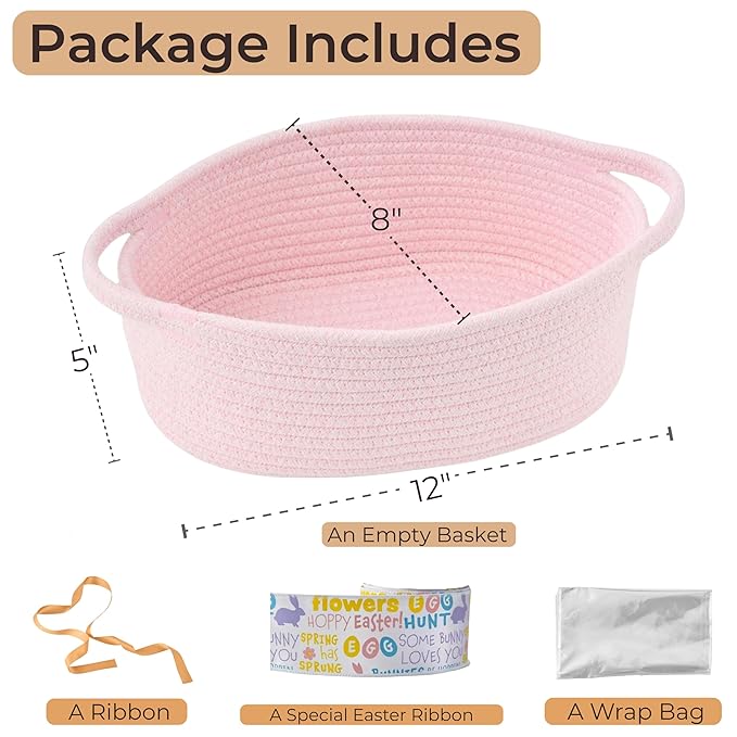 Small Woven Gift Basket Empty with Bag & Ribbon - Gifts for Mom, Baby Shower, Birthdays & Raffle - Cotton Rope Storage Basket for Dog Toys or Shelf - 12"x8"x5", Pink/Easter Ribbon