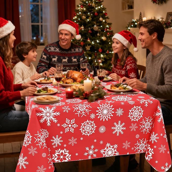 misaya Rectangle Waterproof Vinyl Table Cloth, Wipeable Tablecloth with Flannel Backing, Plastic Table Cover for Dinner, Christmas Party (Red Snowflake, 60" x 102")