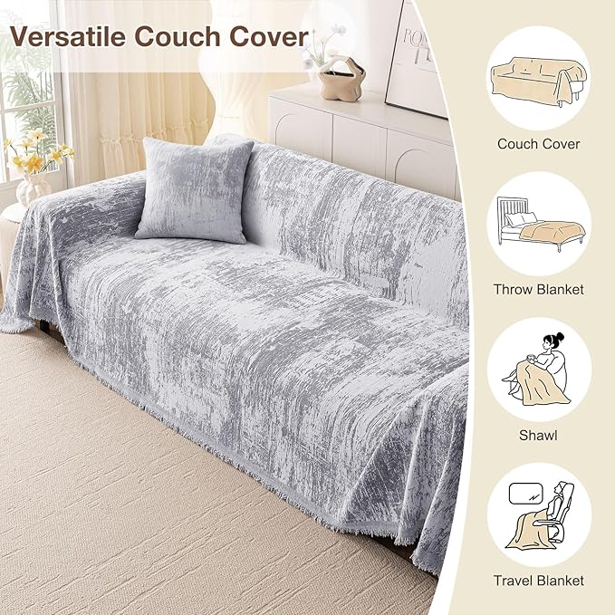 hyha Couch Cover for Dogs, Boho Sofa Covers for 3 Cushion Couch Washable, Chenille Sofa Slipcover for Pets, Soft Loveseat Sectional Couch Throw Blankets with Tassels (Grey/White, 71x150 Inch)