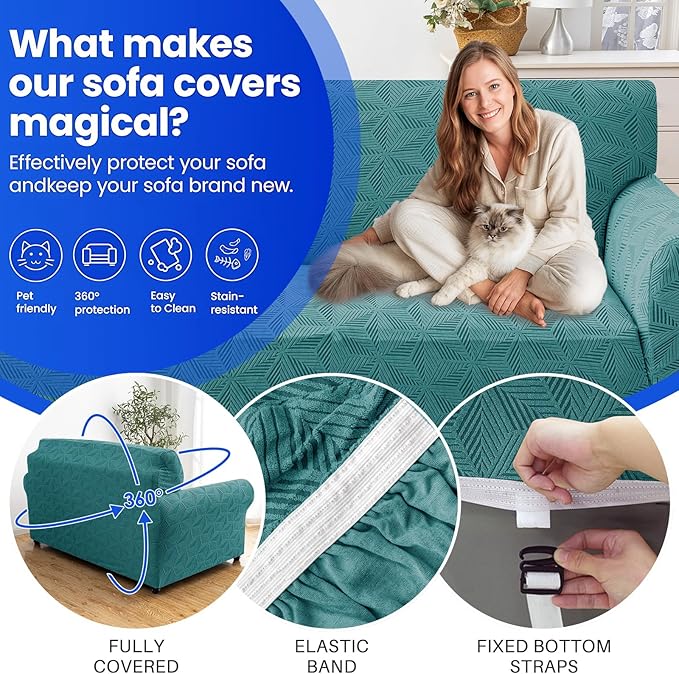 YEMYHOM 1 Piece Stretch Couch Covers for 3 Cushion Couch, Jacquard Sofa Cover with Non-Slip Elastic Bottom, Thickened Slipcover Furniture Protector for Dogs Pets (Large, Peacock Blue）