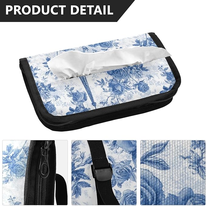 Car Tissue Holder Car Napkin Holder Car Tissue Box Dispenser Storage Case Sun Visor Mask Holder with Adjustable Straps Reusable Refillable Blue Roses and Eiffel Tower