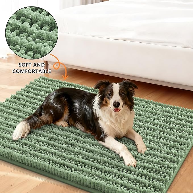 Smiry Dog Door Mat for Muddy Paws 36x24, Extra Soft Absorbent Chenille Doormat, Trap Moisture and Dirt, Non-Slip Machine Washable Front Door Mat for Indoor Entrance Inside Floor, Olive Green