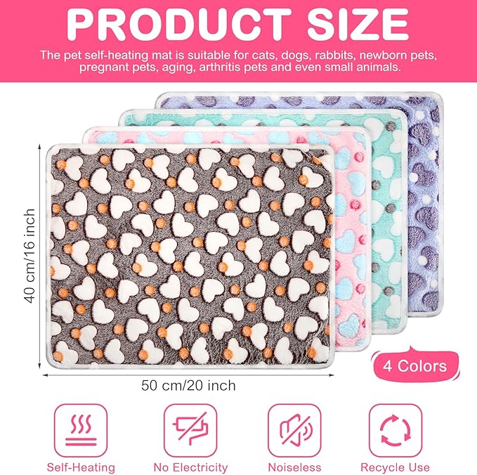 Clysee 4 Pack Self Heating Cat Bed Cat Self Warming Pad with Removable Cover Extra Warm Thermal Pet Pad Washable Pet Crate Mat Anti Slip Kennel for Indoor Outdoor Pets(Heart,16 x 20 Inches)