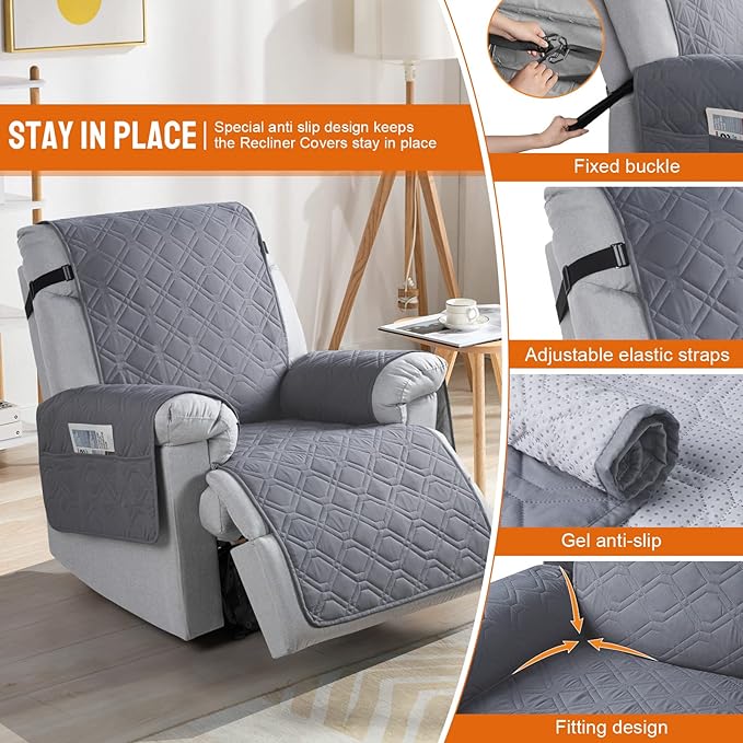 VANSOFY 100% Waterproof Recliner Chair Covers, Recliner Cover Non-Slip Dog Chair Cover Furniture Protector Washable Slipcover with Pocket, Elastic Straps for Kids Pets, Dogs(Dark Gray, 20")