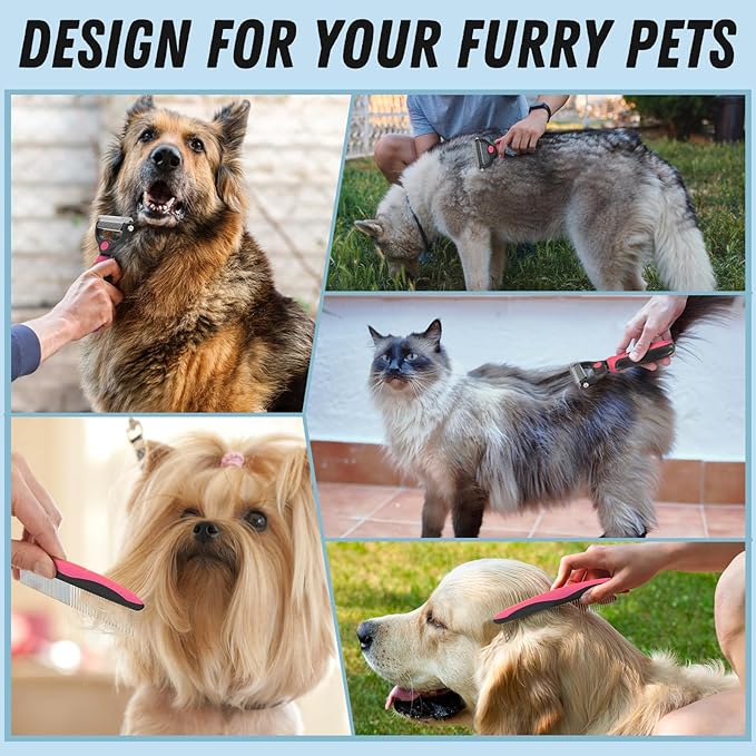 Pet Grooming Brush & Comb Combo, Cat & Dog Brush for Shedding & Dematting, Undercoat Rake for Long-haired Pets, Pink