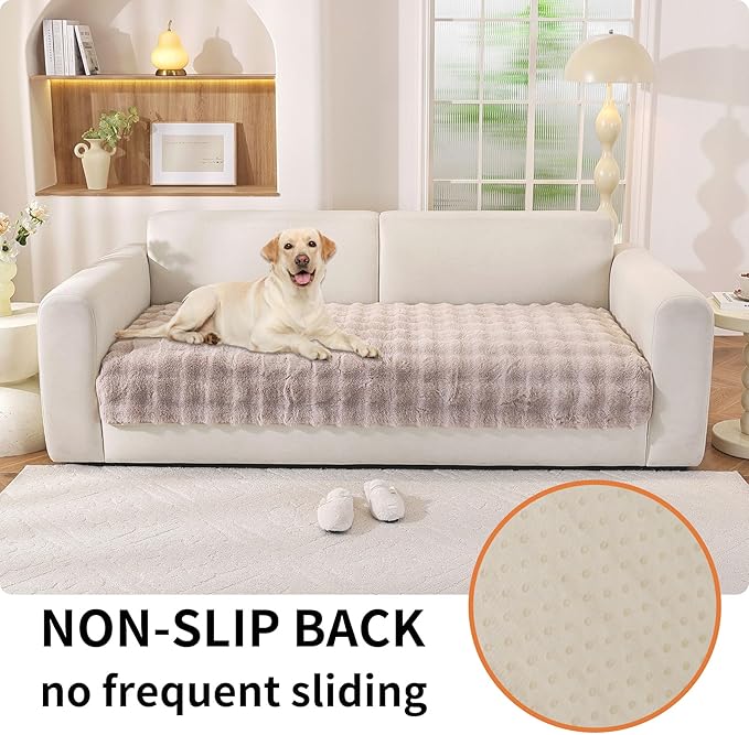Waterproof Dog Bed Cover Non Slip Couch Covers for Dogs Washable Soft Faux Fur Sofa Cover Couch Covers for 3 Cushion Couch Sofa Pet Friendly (Khaki)