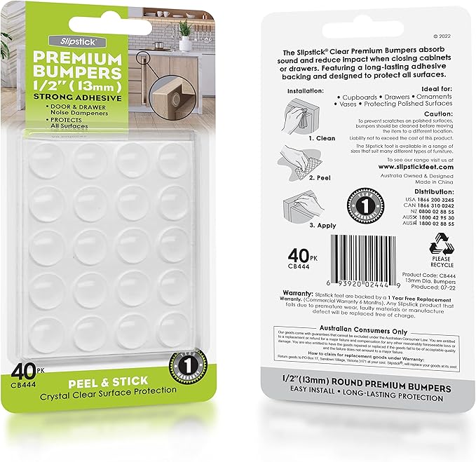 Slipstick Premium Cabinet Door Bumpers 1/2” Round Clear Adhesive Pads, Cabinet Stoppers, Rubber Bumpers for Drawers, Cupboards, Cutting Boards, Glass Tops, Picture Frames, Furniture, 40 Pcs Dampers