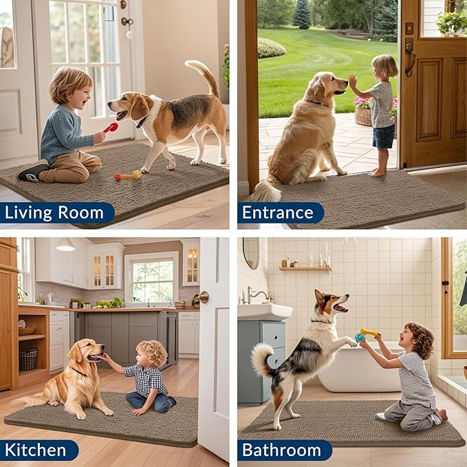 Smiry Dog Door Mat for Muddy Paws 40x24, Absorbs Moisture and Dirt Doormat, Non-Slip Washable Quick Dry Chenille Front Door Mat Indoor Entrance, Entryway Carpet for Inside Floor, Camel