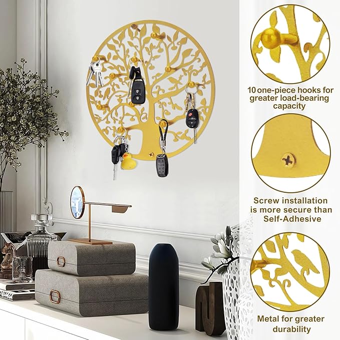Round Decorative Home Key Holder Wall Mount, Metal Tree Car Key Rack for Wall Organizer for Keys, Wallets, Hats, Used for Decor for House Entryway, Kitchen, Garage, Office (12" Gold)