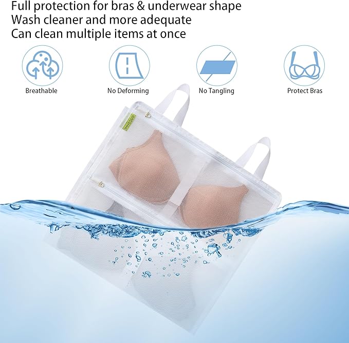 2-Pack Bra Washing Bags, Lingerie Laundry Protector for Delicates, Holds 10 A-C Cup Bras, Zippered Mesh Underwear Wash Bags for Machine, Travel Storage