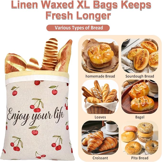 ChefLee Beeswax Bread Bags, 2-Pack Reusable Food Storage for Homemade Bread & Sourdough, Linen Waxed XL Bags Keeps Fresh Longer, Freezer Safe for Baking Loaf