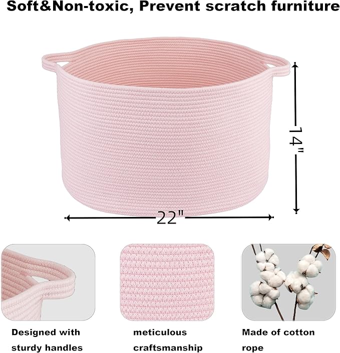 XUANGUO Extra Large Cotton Rope Basket Blankets Basket Living Room 22"x14" Toy Baskets for Kids Dogs Storage Baskets for Nursery Woven Laundry Baskets for Clothes Towels Baby Toy Storage Round pink