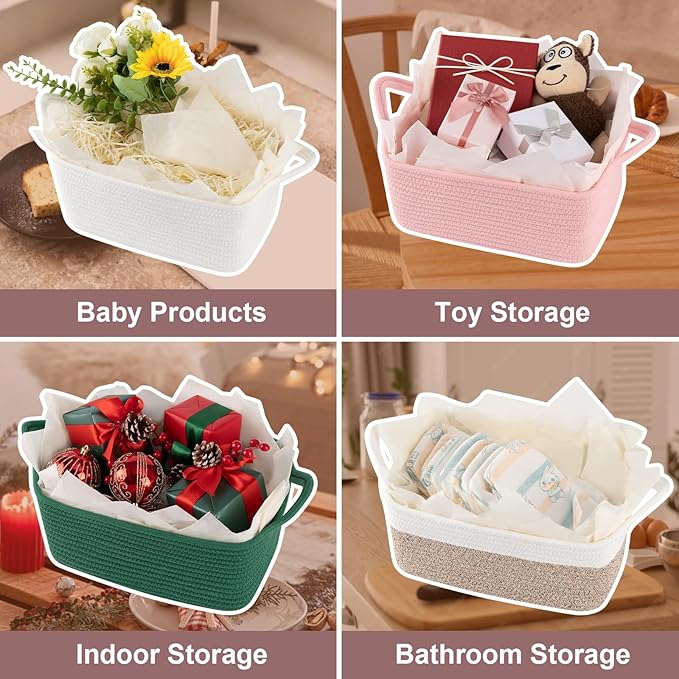 OIASKET Basket for Gifts Empty, Woven Storage Basket with Gift Bag, Ribbon and Wrap Tissue Paper, Small Rope Toy Storage with Handles for Baby Shower, Dog Toy Organizer, 15.5" x 11.4" x 6.7"
