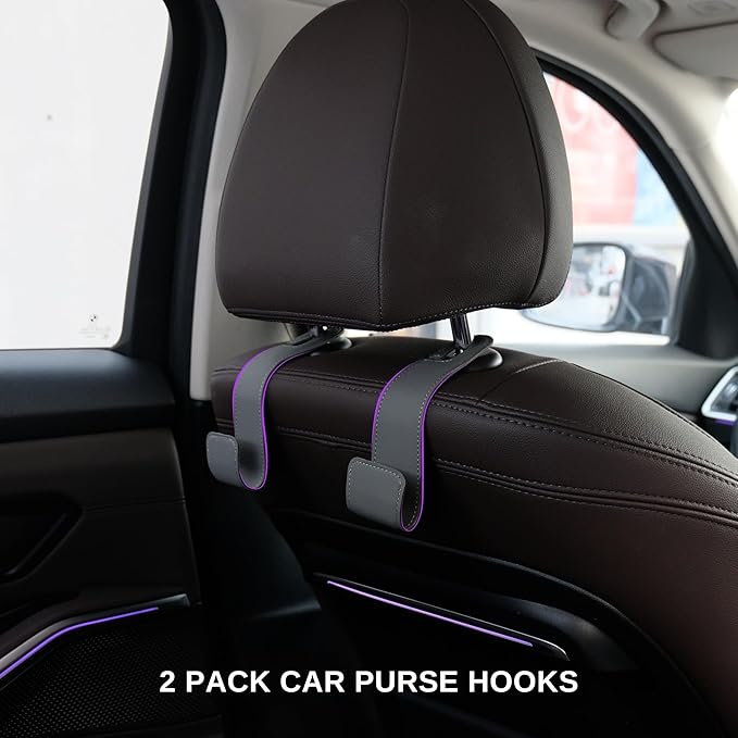 Car Seat Hooks - 2 Pack Upgraded Leather Headrest Hooks for Hanging Purse and Bag, Car Organization Accessories (Black)