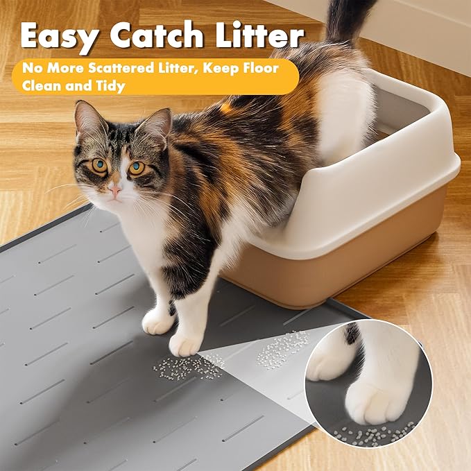 Pieviev Silicone Cat Litter Trapping Mat, 40''x28'' Extra Large Cat Litter Mat, Easy to Clean & Soft on Kitty Paws, Waterproof Kitty Litter Pads for Indoor Cats, Light Gray