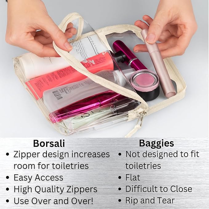 BORSALI TSA Approved Toiletry Bag - Clear Quart Size for 3-1-1 Carry On Travel - Makeup Organizer Cosmetic Pouch with Zipper - Travel Accessories - Cream with Handle