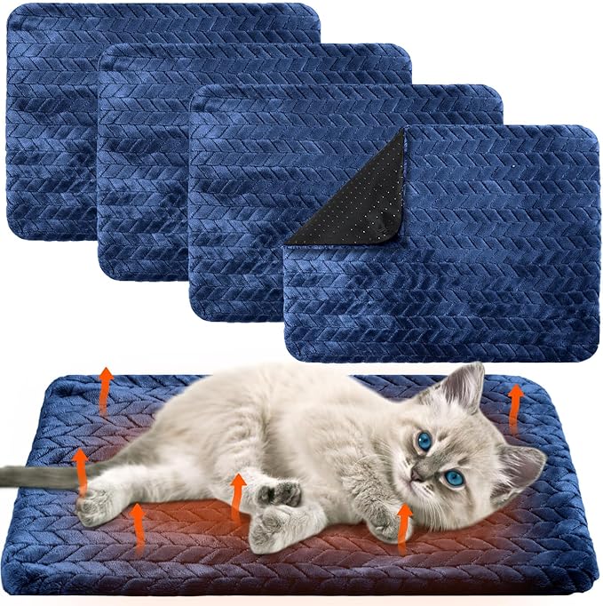 Drydiet 4 Pack Self Heating Cat Pad 16 x 20 Inch Self Warming Cat Bed Non Slip Warm Dog Pad Mat Washable Pet Kennel Crate Bed Mat for Indoor Outdoor Pets(Navy Blue,16 x 20 Inch)