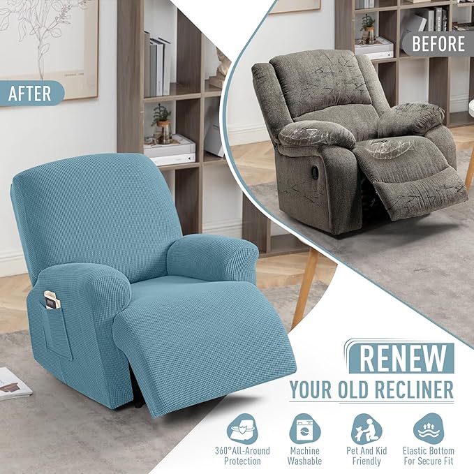 TAOCOCO Recliner Cover 4-Pieces, Recliner Stretch Sofa Slipcover, Recliner Cover 1 Seat, Couch Protector Soft, Furniture Protector Covers with Elastic,Chair Covers Jacquard Pattern (Dusty Blue)