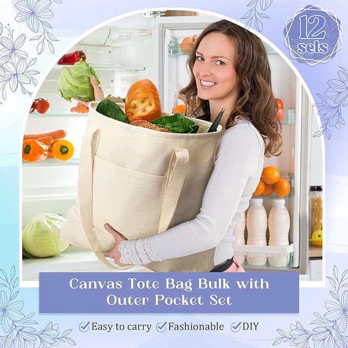 Sanwuta Canvas Tote Bags Bulk with Outer Pocket and Makeup Pouch 18'' Reusable Grocery Bags with Handles for Women Beach DIY