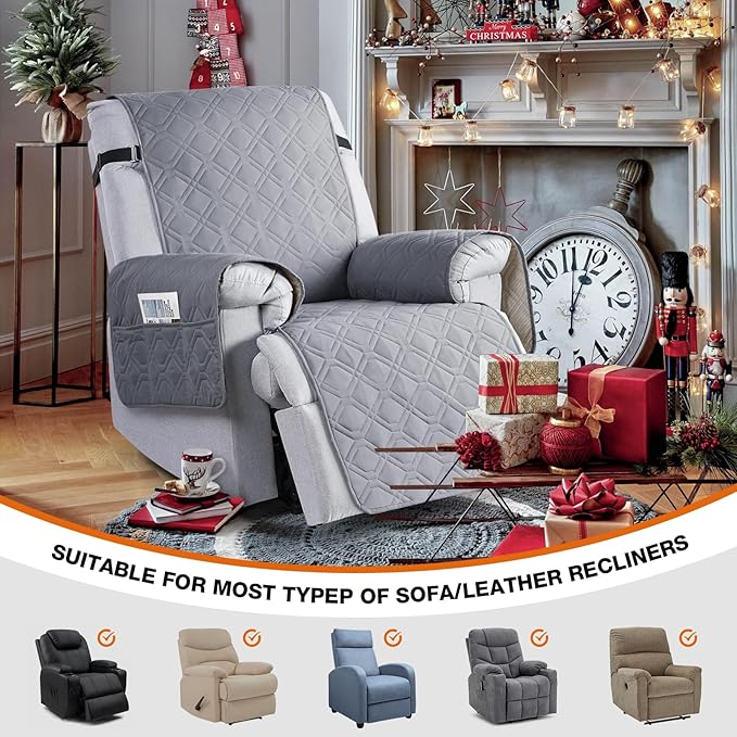 VANSOFY 100% Waterproof Recliner Chair Covers, Recliner Cover Non-Slip Dog Chair Cover Furniture Protector Washable Slipcover with Pocket, Elastic Straps for Pets, Dogs(Light Gray, 30")