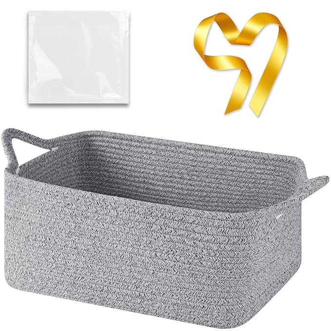 Large Empty Gift Baskets for Baby Shower, 16.5"L x 12.6"W x 7"H Cute Woven Storage Basket with Gift Bags and Ribbons, Small Rope Toy Basket with Handles, Cat Dog Pet Toy Organizer - Grey