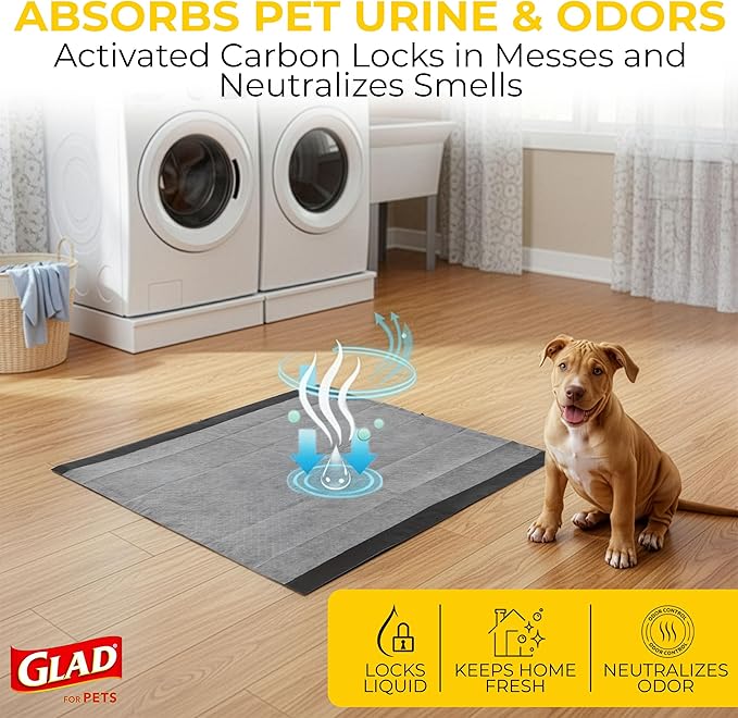 Glad for Pets Black Charcoal Puppy Pads, 23 x 23 Inch, 6-Layer Leak-Resistant Design, Activated Carbon Odor Control, Pheromone Attractant for Potty Training, 14 Count