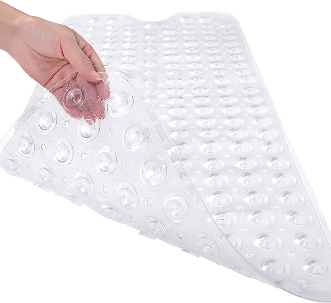 Bathtub Mats for Shower Tub, Extra Long Non-Slip 39 x 16 Inch Bath Mat with Drain Holes and Suction Cups, BathMat for Bathroom with Machine Washable (Clear)