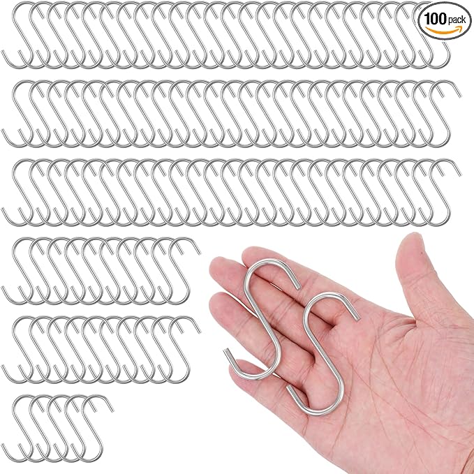 100 Pack S Hooks - 2.8 Inch Small Heavy Duty Stainless Steel S Hooks for Hanging Jeans, Cooking Utensils, Potted Plants, etc