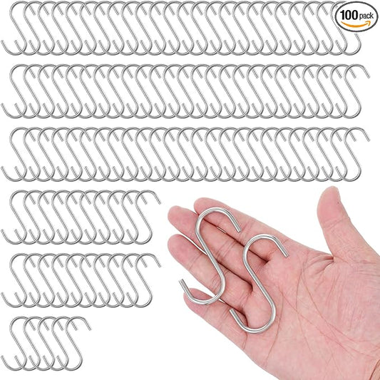 100 Pack S Hooks - 2.8 Inch Small Heavy Duty Stainless Steel S Hooks for Hanging Jeans, Cooking Utensils, Potted Plants, etc