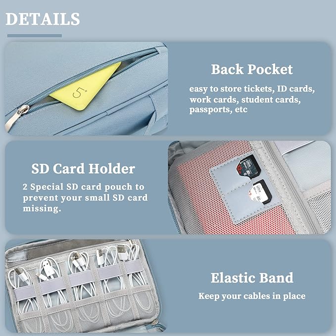 Lanola Electronic Accessories Case,Electronics Travel Organizer, Portable Double Layer Cable Storage Bag for Cord, Charger, Flash Drive, Phone, SD Card,Flash Drive,Adapter - Light Blue