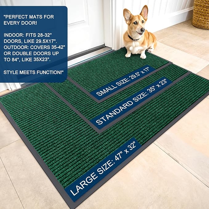 OLANLY Front Door Mat Indoor Outdoor Entrance, 2-Pack 47 x 23 Inch, Waterproof Heavy Duty Doormat, Fade Resistant, Low Profile, Easy Clean Patio Porch Welcome Floor Mats for Entry, Green