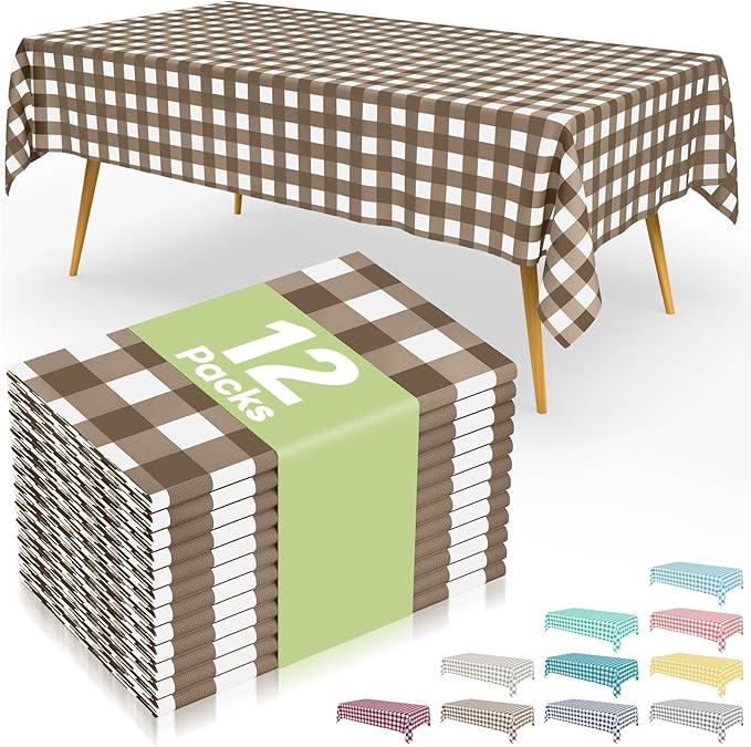 Smiry 12 Packs Gingham Disposable Table Cloth, 54 x 108 Inch Waterproof Plastic Tablecloth, Rectangle Brown and White Checkered Table Covers for Picnic, Birthday, Party